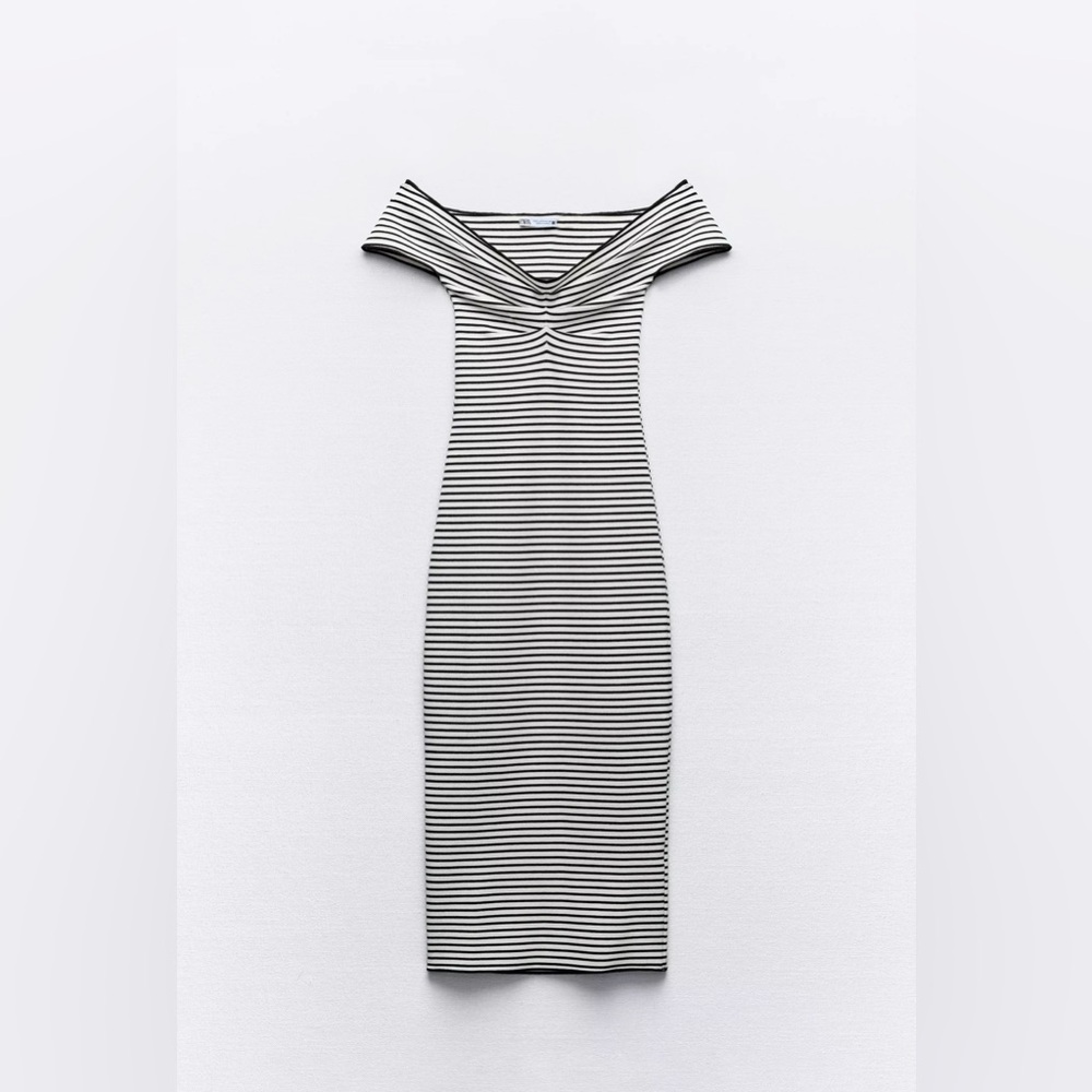 ZARA Bodycon Midi Dress Women's Medium Black White Striped Knit Off Shoulder